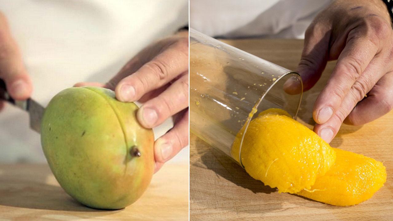 SMART: Alt du behøver er et glass, og vips har du skinnfri mango på bare 20 sekunder. Foto: Patrick da Silva Sæther/VG.