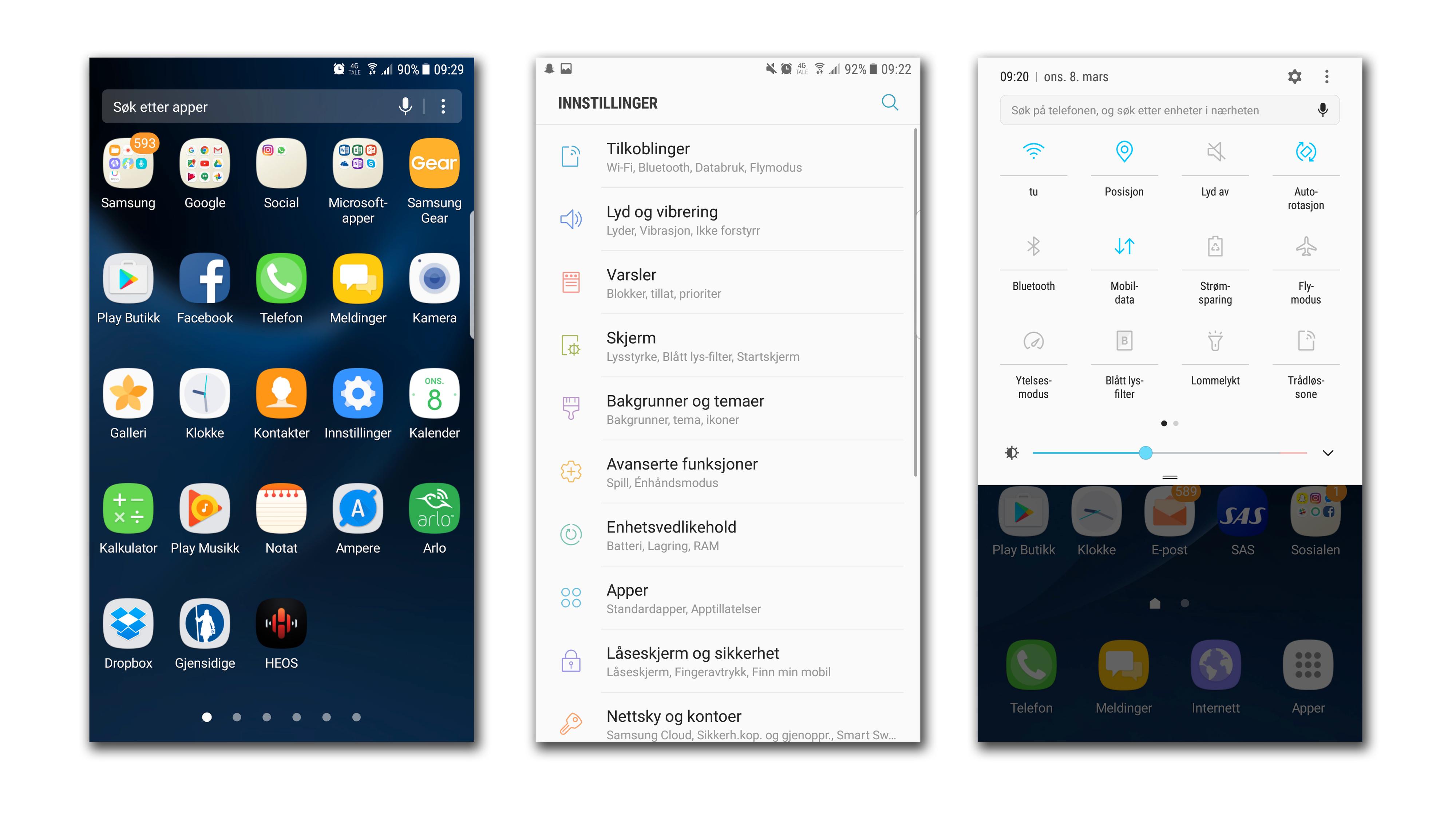 Noen av nyhetene i Nougat: Nye ikoner på hjemskjermen, ny innstillingsmeny og ny nedtrekksmeny. Legg merke til at Android nå også har fått blått lys-filter.