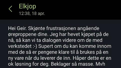 Tekstmeldingen Tindevik mottok fra Elkjøp etter at Tek.no tok kontakt.