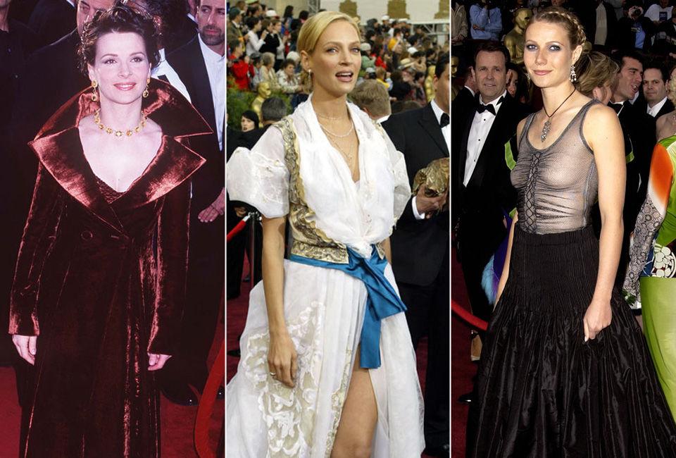 UFORGLEMMELIG: Både Juliette Binoche, Uma Thurman og Gwyneth Paltrows antrekk er blant de verste kreasjonene på Oscar-løperen gjennom historien. Foto: NTB SCANPIX / Getty Images