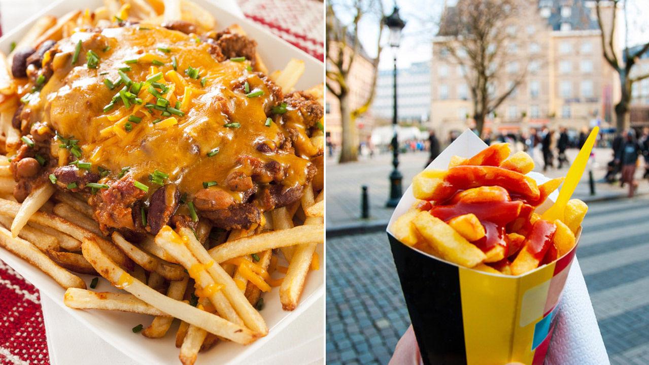 FLERE MÅTER: I USA er chili cheese fries en stor favoritt mens i Belgia spises french fries gjerne rett fra begeret. Foto: NTB Scanpix
