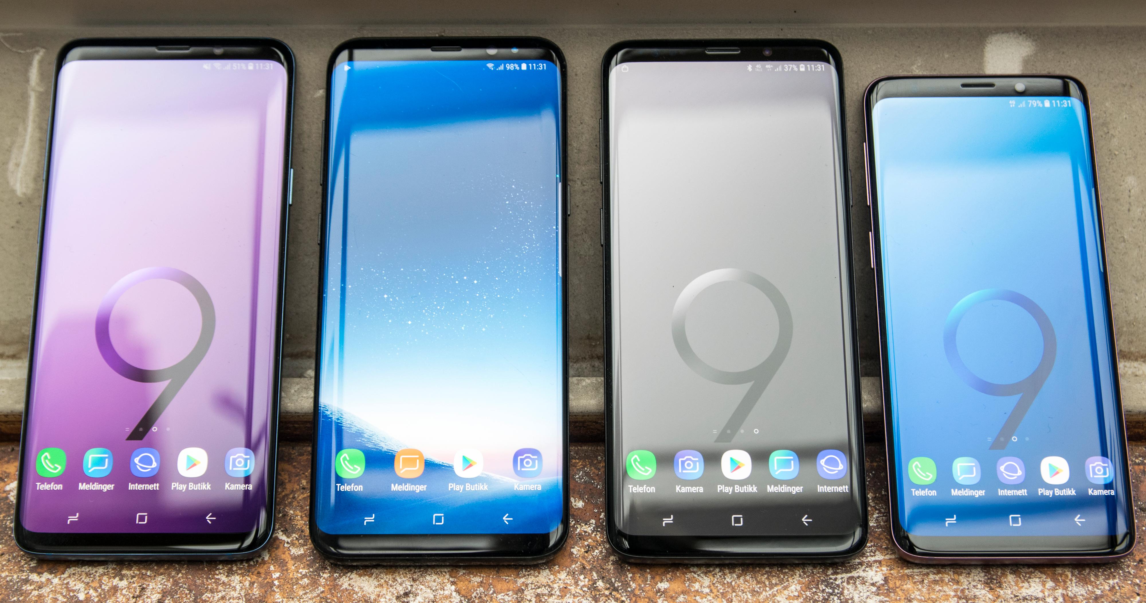 Én av disse telefonene later som. Nummer to fra venstre er en Galaxy S8+. Den hadde vært vanskeligere å skille fra 9-erne om vi ikke ga dem litt ekstra drahjelp med bakgrunnsbildene.