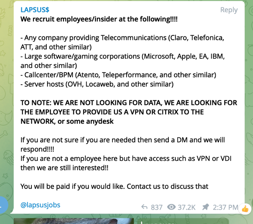 En skjermdump som viser hvordan Lapsus$ forsøker å rekruttere ansatte i ulike selskaper for å gi dem tilgang til interne systemer. 