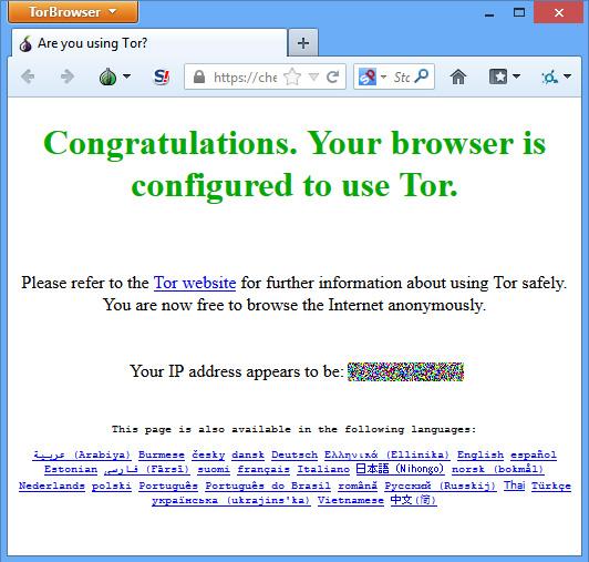 Velkomstbildet i Tor-nettleseren, med beskjed om hva resten av verden vil tro din IP-adresse er.