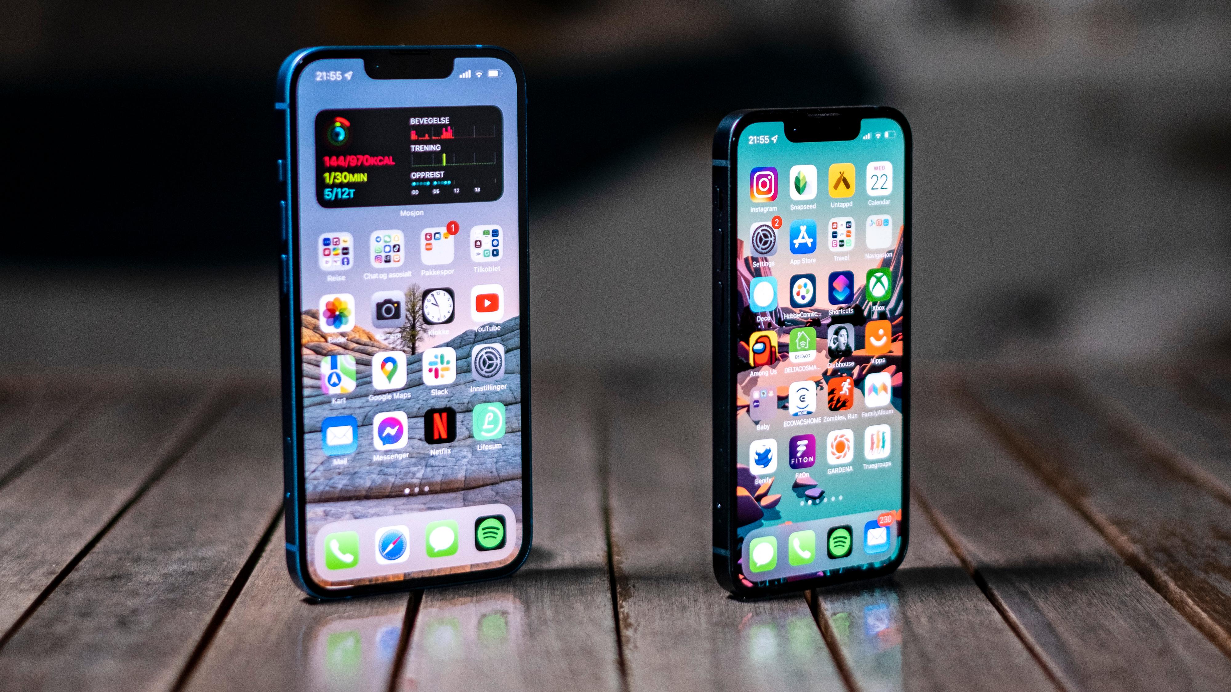 iPhone 13 til venstre, iPhone 13 mini til høyre.