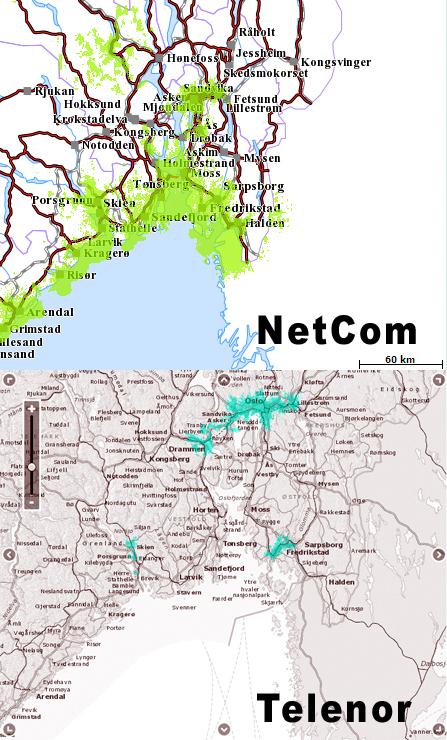 4G-dekning i Oslo-området hos NetCom og Telenor, ifølge deres egne dekningskart. Faktisk dekning kan variere mye fra sted til sted, og avhengig av om du er innendørs eller utendørs.