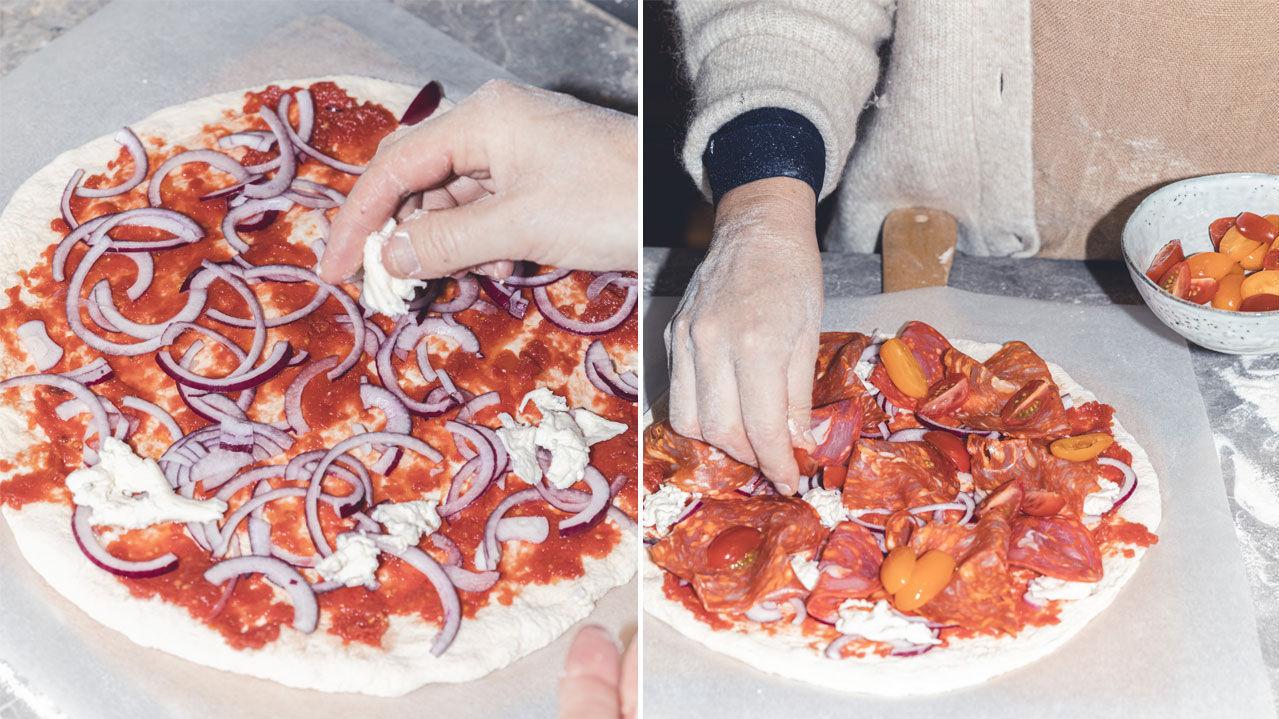 RAUST MED FYLL: Tomatsausen i bunn er laget på hermetiske tomater som har fått renne av seg i en finmasket sil. Foto: Krister Sørbø
