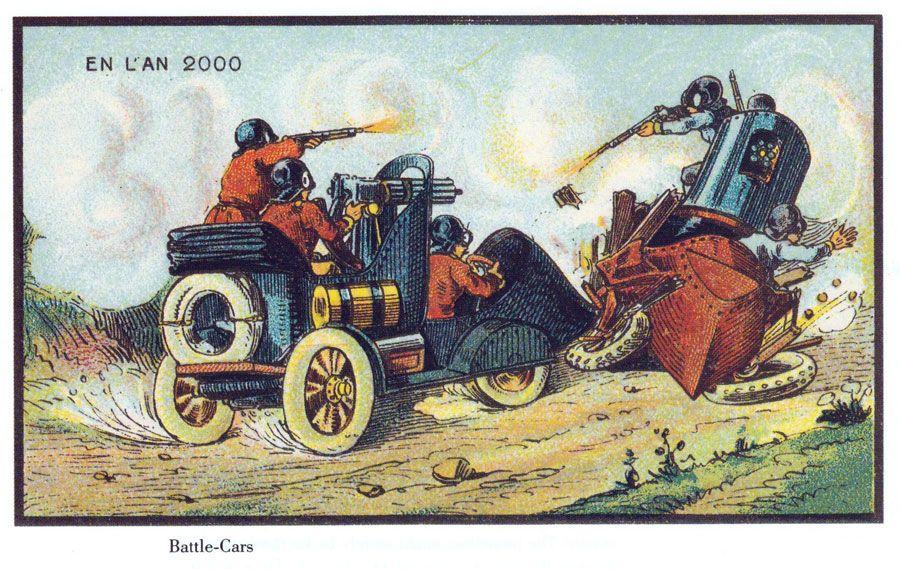 KRIGSMASKIN: Mange av verdens mekaniske nyvinninger har kommet som et resultat av krig og våpenutvikling. Her 1800-tallets idé om hvordan en tanks vil se ut i år 2000.Foto: Wikimedia Commons