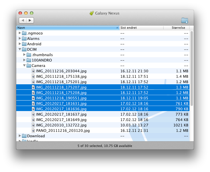 Slik ser det ut når du håndterer filer fra en MTP-basert telefon i Mac OS X.
