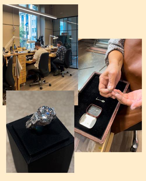 INNBLIKK: I annenetasjen av David Andersens butikk i Karl Johan sitter gullsmeder og lager og reparerer smykker. Vi fikk også se på svindyre diamantsmykker, som denne ringen.