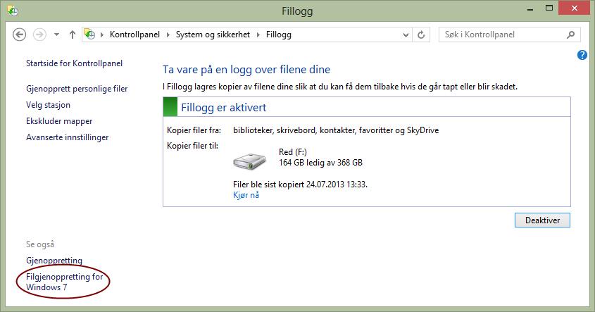 Fra Fillogg-panelet kan du klikke deg rett til Filgjenoppretting for Windows 7.