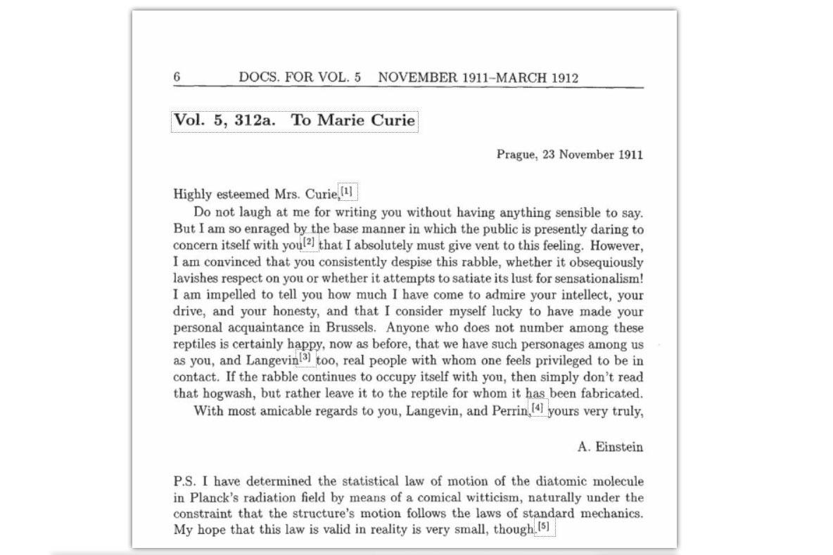 Her er brevet som Albert Einstein skrev til Marie Curie i 1911.Foto: http://einsteinpapers.press.princeton.edu