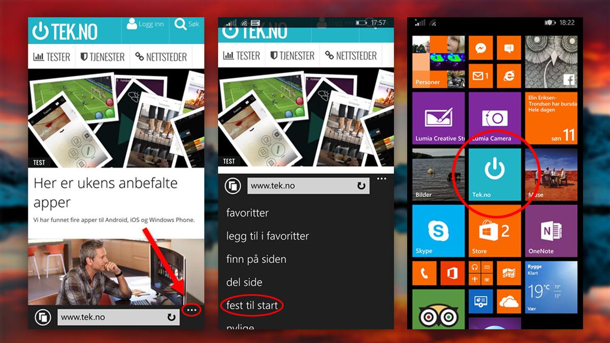 Windows Phone har det enkleste oppsettet, men til gjengjeld må du bruke Internet Explorer og får ikke lov til å velge navn på snarveien. Foto: Microsoft/Skjermdump fra mobil/Tek.no, montasje