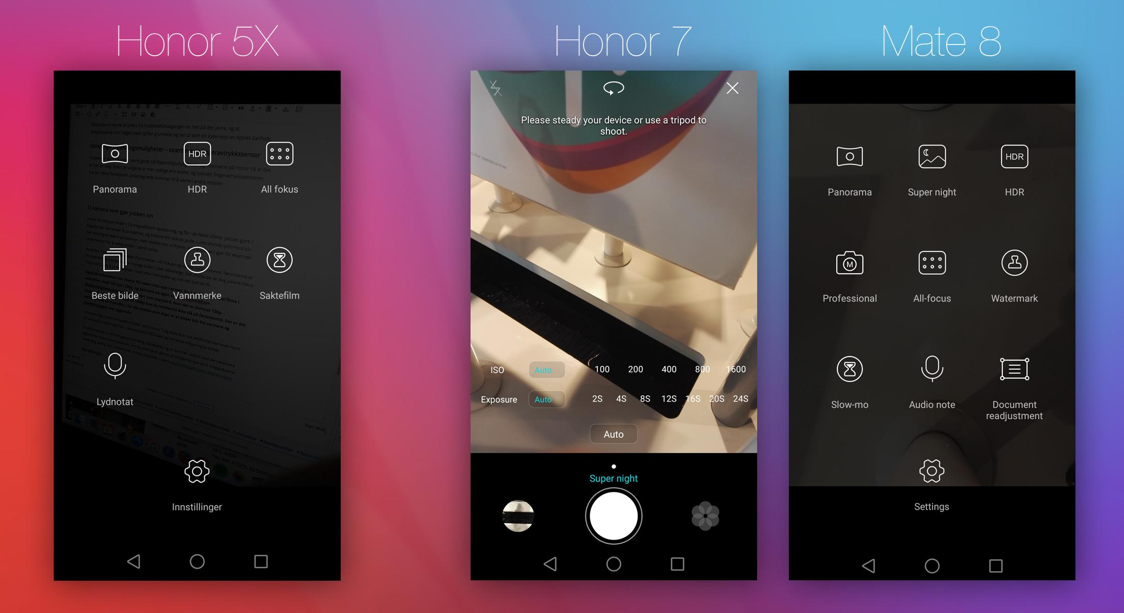 Både Honor 7 og Mate 8 har en form for manuelle kamerainnstillinger. Det mangler Honor 5X.