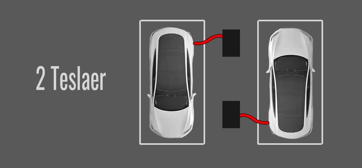 To Tesla-biler ved siden av hverandre er naturligvis uproblematisk og slik Superchargerne er «ment» å fungere.