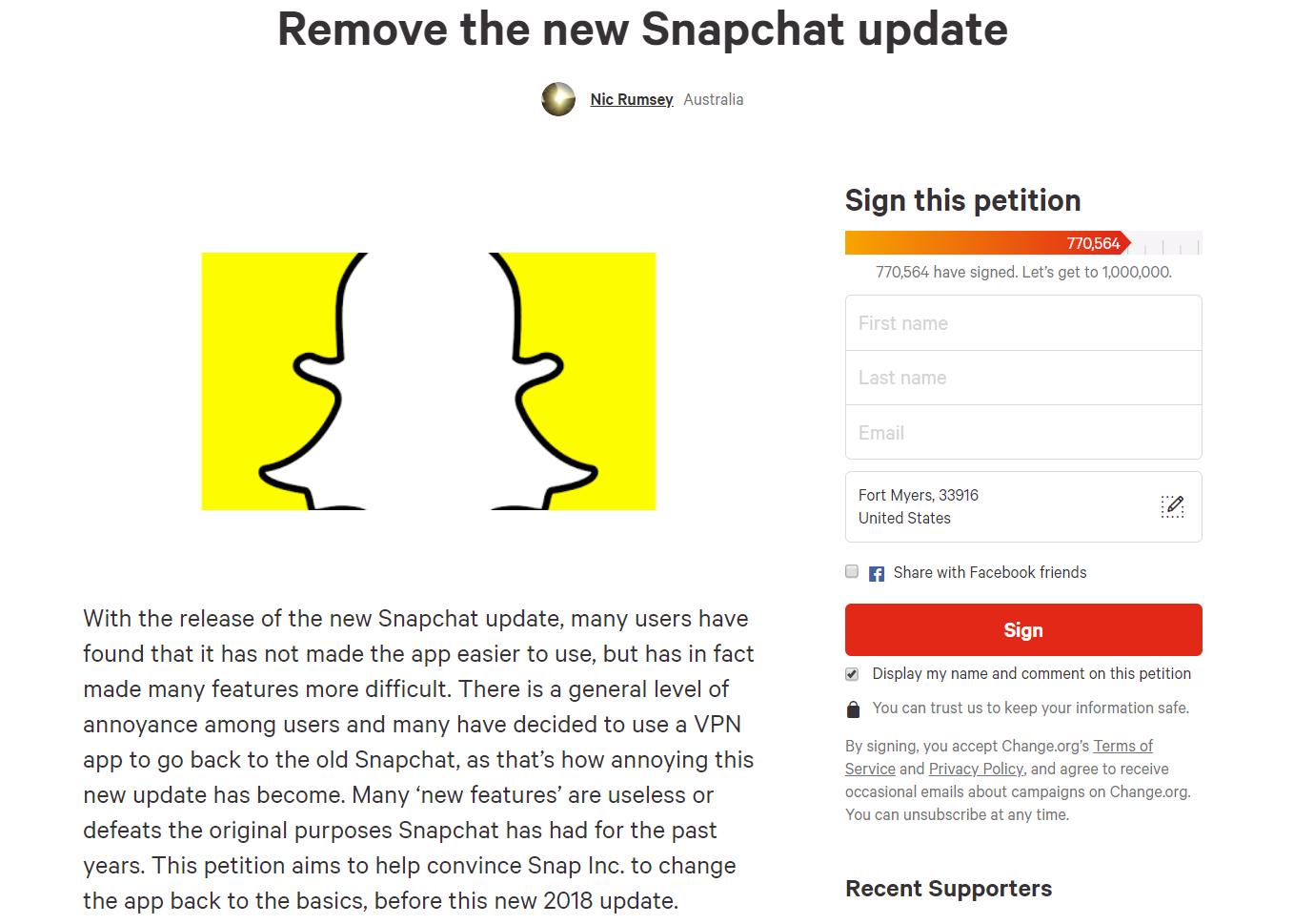 Snapchat-oppdateringen har utløst en stor underskriftskampanje, som i skrivende stund har 770 000 underskrifter.