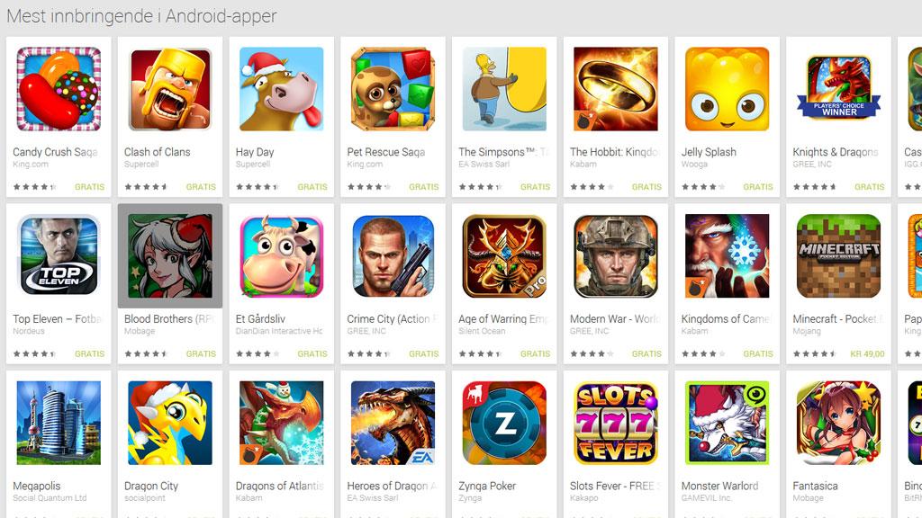 Alle de mest innbringende spillene er gratis å laste ned, takket være "kjøp i app".Foto: Google Play