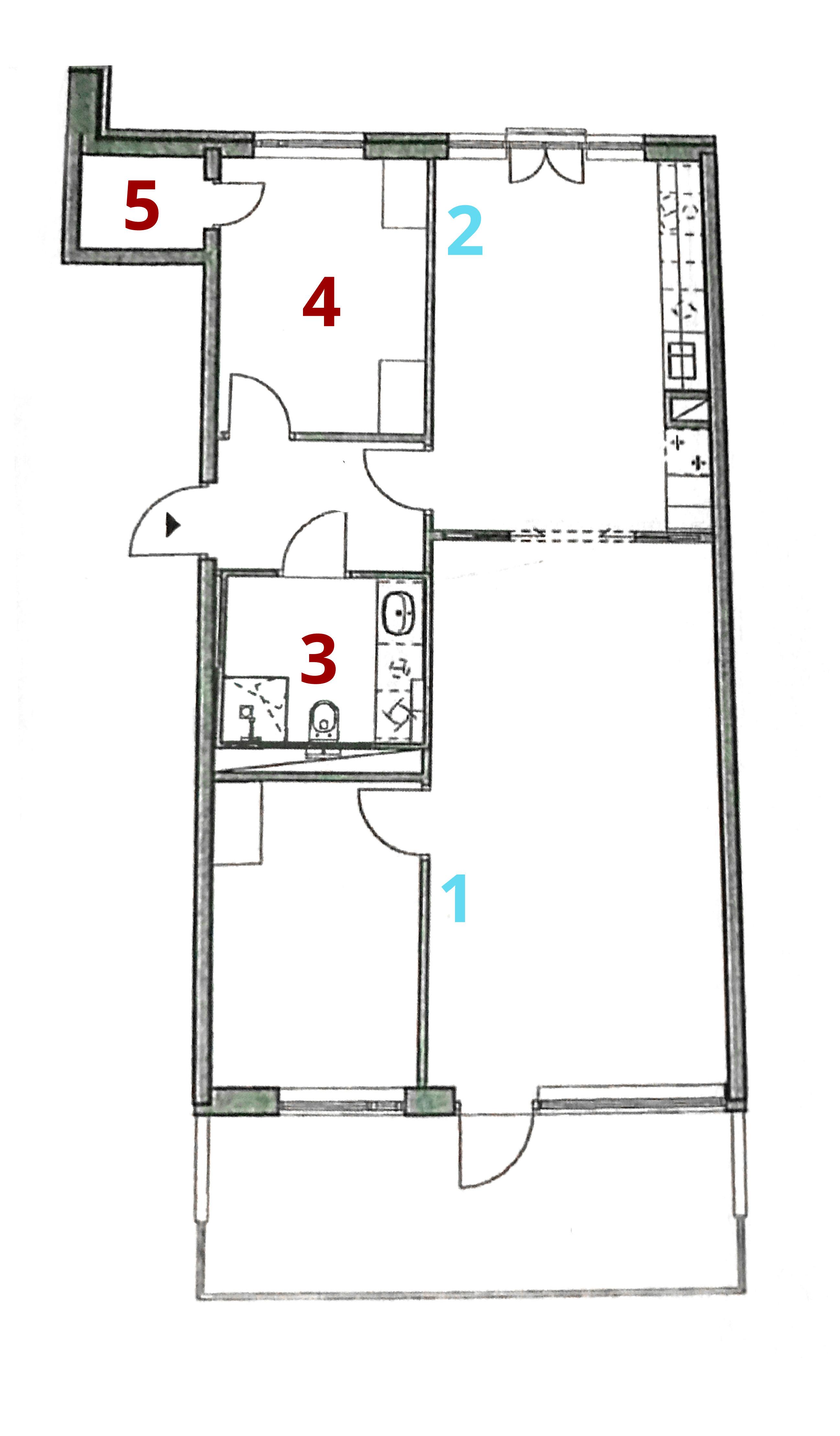 Slik ser testleiligheten ut. 1 og 2 er plasseringen av Velop-enhetene, resten er punktene som vanligvis er problemområder i leiligheten. .