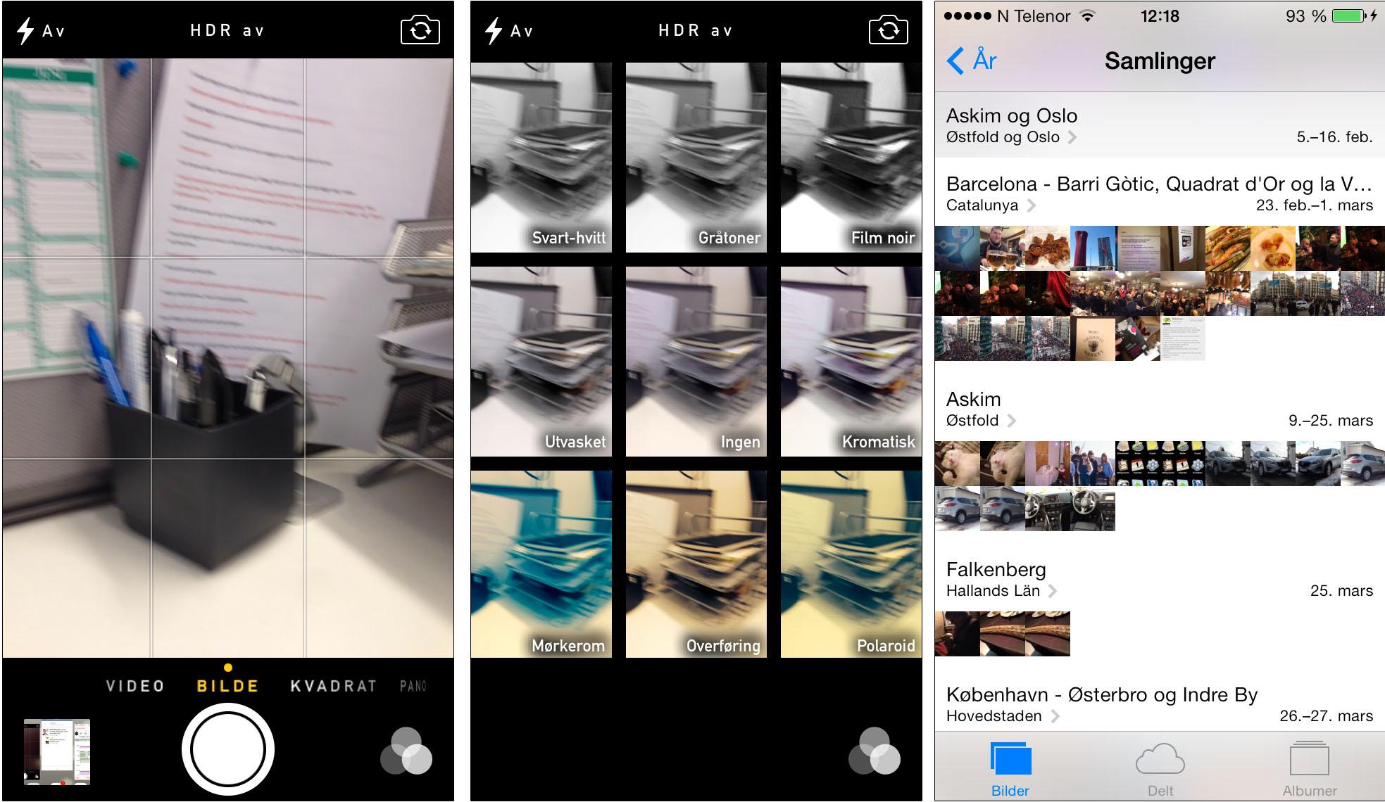 Kamerafunksjonen i iOS 7 har fått mange forbedringer, og bildegalleriet (helt til høyre) gir mye bedre oversikt over bildene dine enn før.