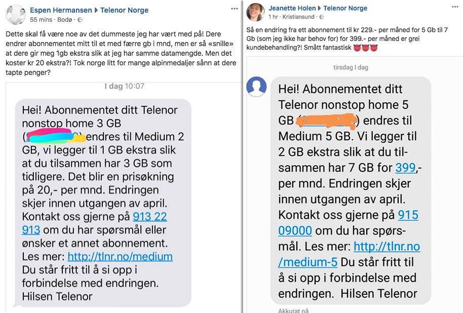 Et par av tilbakemeldingene som har kommet på Telenors Facebook-side etter at de begynte å sende ut SMS-er med varsling om abonnementsbytte.
