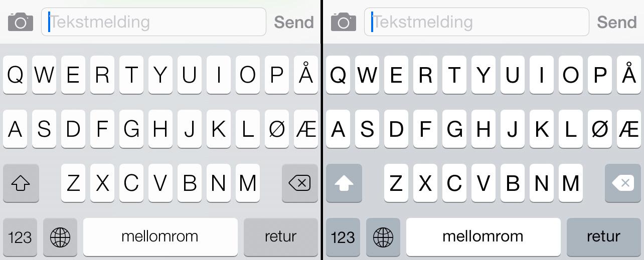 iOS 7-skjermtastaturet (til høyre) har fått litt tydeligere bokstaver, og nye taster for Shift og Tilbake.