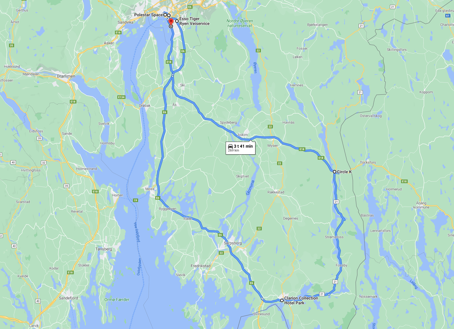 Ruta vi kjørte. Vi startet i Oslo, kjørte til Halden, Ørje og tilbake. 
