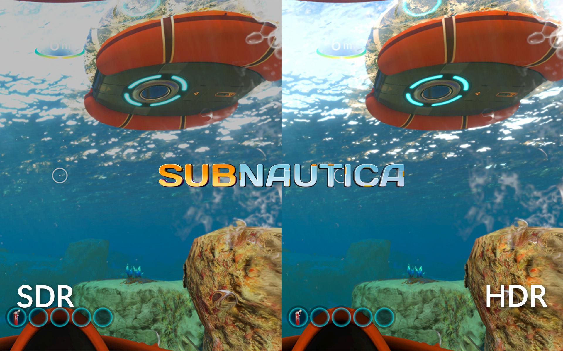 Subnautica uten og så med «Auto HDR».