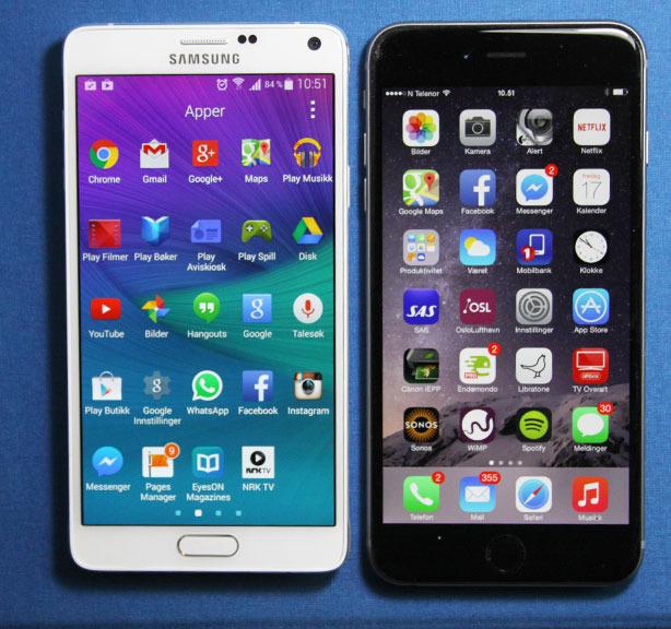 Note 4 (til venstre) er litt mindre enn Apples iPhone 6 Plus (til høyre). Den har likevel litt større skjerm enn iPhone-en.Foto: Espen Irwing Swang, Amobil.no