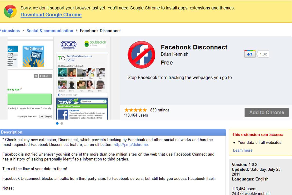 Facebook Disconnecter fungerer kun til Google Chrome.