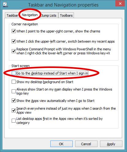 Ved hjelp av innstillingene under de fire fanene kan du tilpasse Windows 8.1 mye mer til din smak, blant annet ved å starte opp rett på skrivebordet.