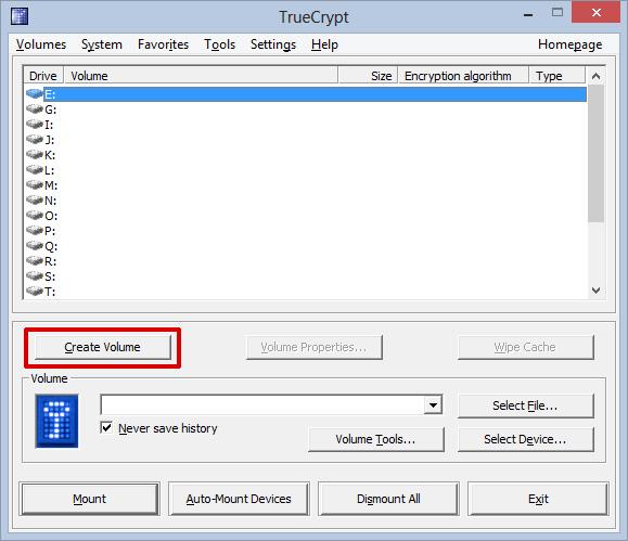 Når du har installert og startet TrueCrypt, er det bare å trykke på knappen merket «Create volume».