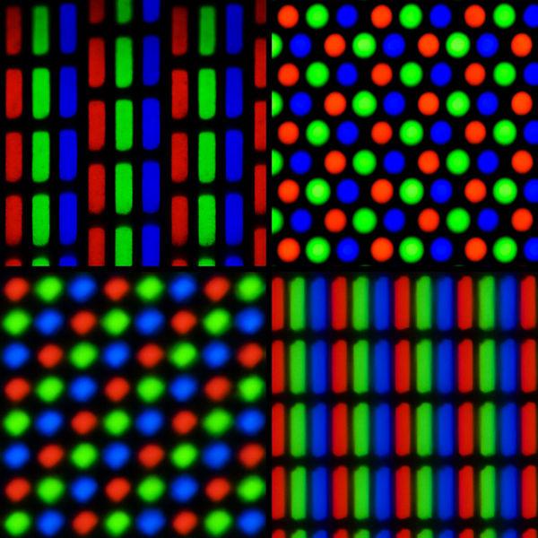 Bilde av subpikselstrukturen til a) CRT-TV, b) CRT-skjerm, c) OLED-skjerm, d) LCD-skjerm. 
Bildet er hentet fra Wikipedia, og er laget av Peter Halasz.