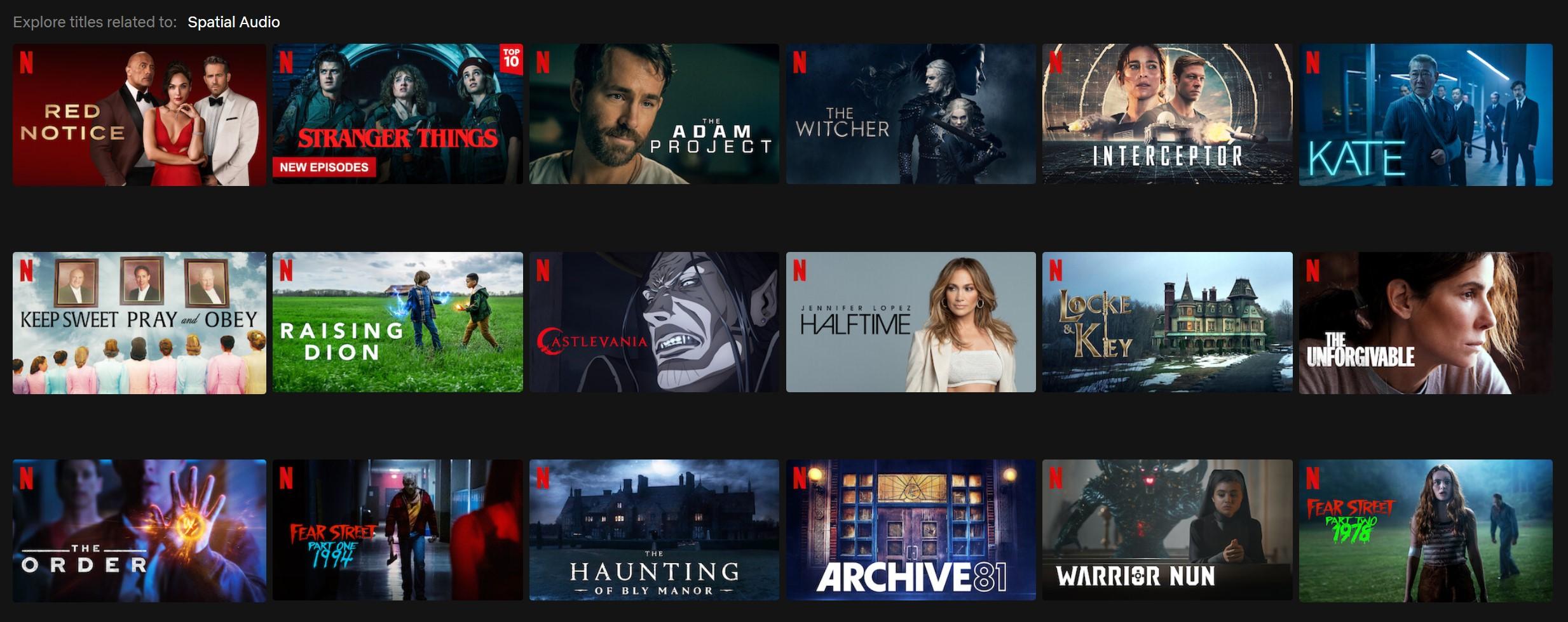 Et utvalg av titlene som har fått romlydstøtte på Netflix. 