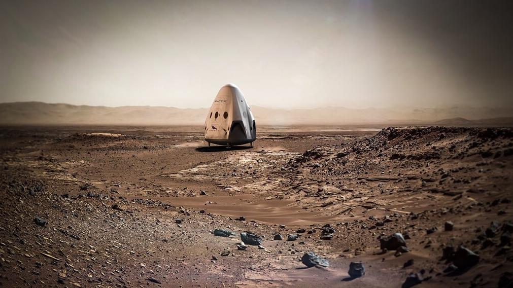 SpaceX skal først sende opp forsyninger til Mars, som starter i 2018. Dette er et illustrasjonsbilde av SpaceX' Dragon-kapsel på planeten.