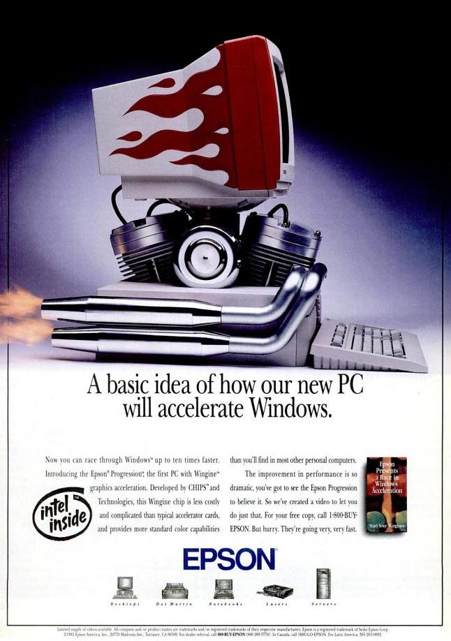 Epson Progression, med en Intel 486, 4 MB RAM og 250 MB harddiskplass, var den første til å benytte seg av Wingine. Som annonsen viser var det ikke måte på hvor mye kjappere Windows skulle bli med den nye teknologien ombord.Foto: Faksimile: PC Magazine, februar 1993