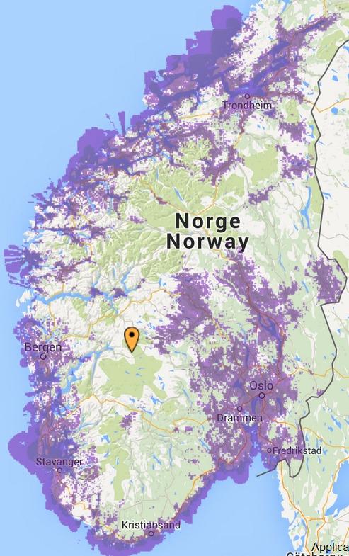 Slik er 4G-dekningskartet i Sør-Norge akkurat nå. I nord har Netcom kun dekning i Troms. Foto: Netcom/Google Maps