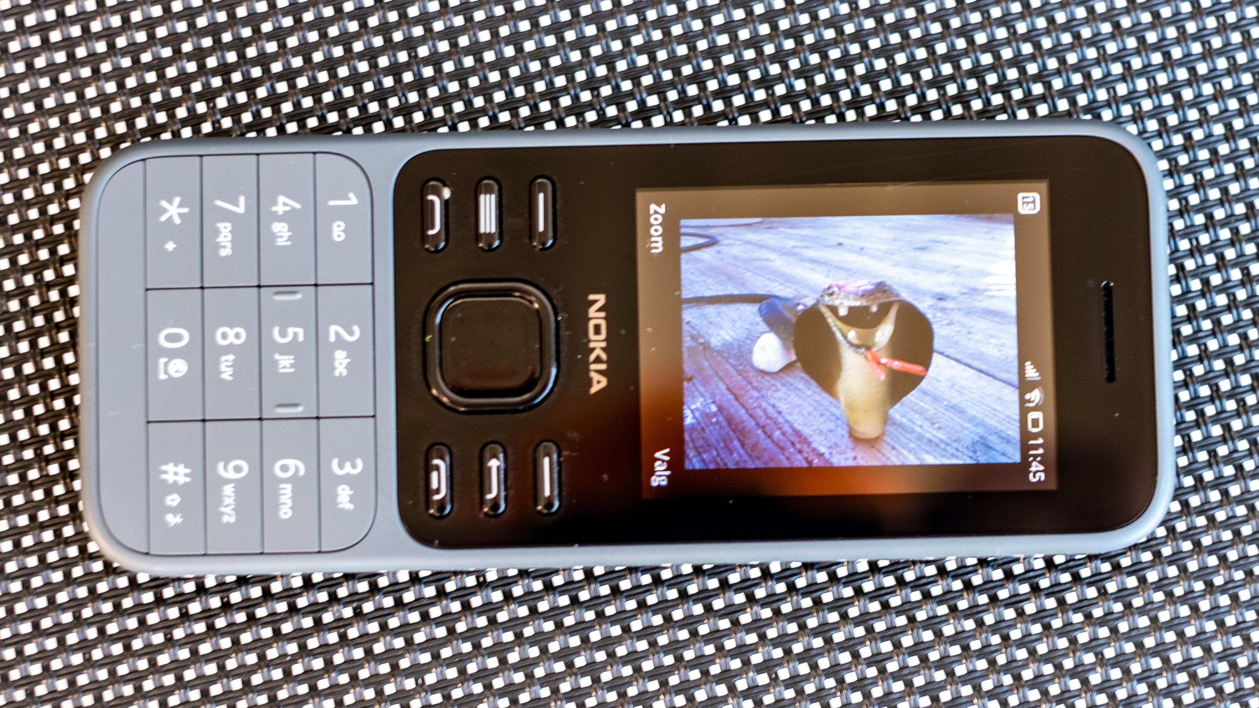 Å få et tydelig fokusert bilde av skjermen på Nokia 6300 er tidvis vanskelig. Den er for lite lyssterk, og har et litt blast plastdekke over seg. Men slik ser den ut fra best mulige vinkel. Telefonen har forøvrig Snake-spill - dette er dog kun et bilde av en skremmeslange mot fugler i hagen.