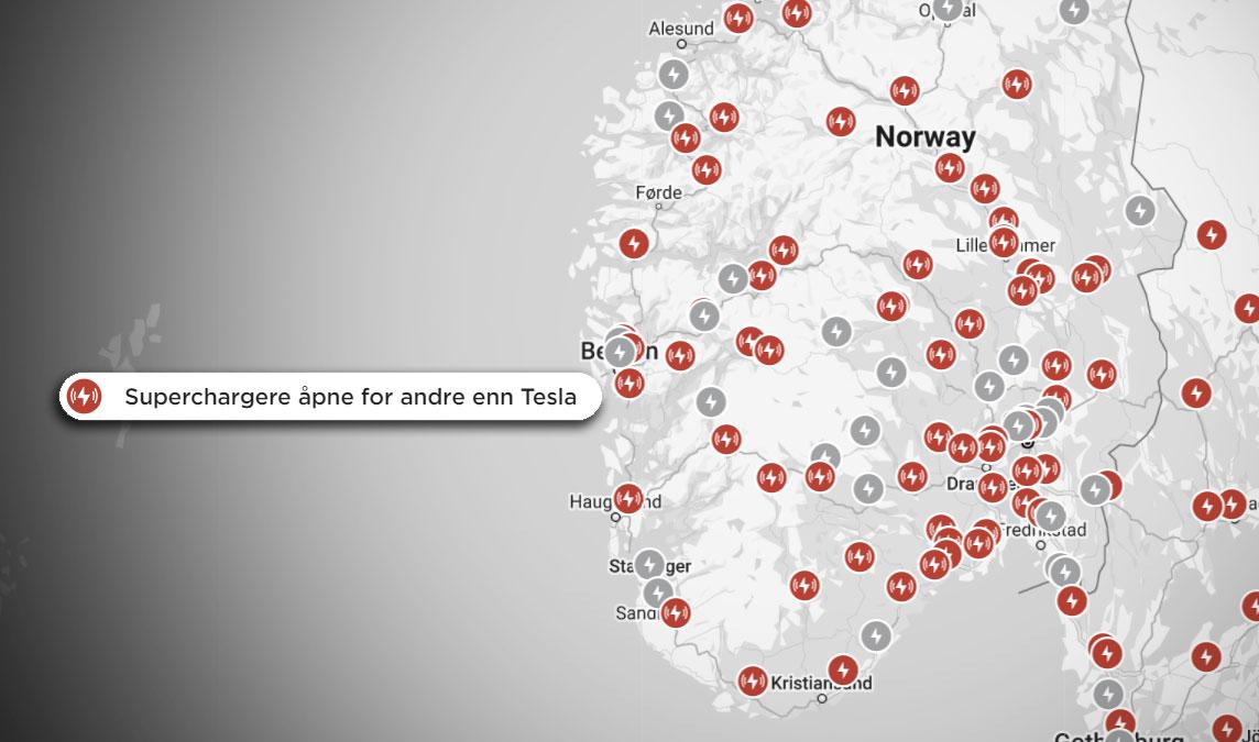 På Teslas offisielle kart over superladere i Norge ser det ut til at nesten samtlige ladere har åpnet for ikke-Teslaer. Det er en feil, sier Teslas PR-avdeling.