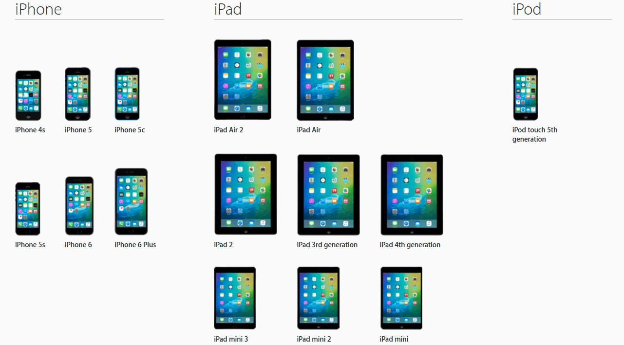 Disse Apple-enhetene får iOS 9 når den endelige lanseringen kommer. Foto: Apple/Skjermdump
