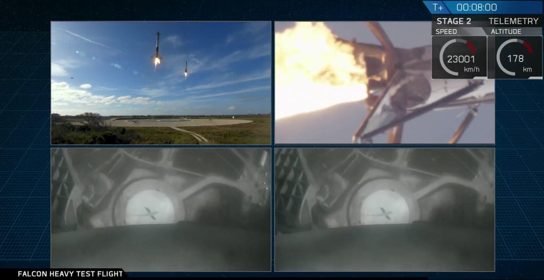 To rakettboostere kom ned synkront til landingsplattformene hos SpaceX. Begge landet uten problemer. Kameraoverføringen til den tredje kuttet ut før den rakk å lande. Bilde: Finn Jarle