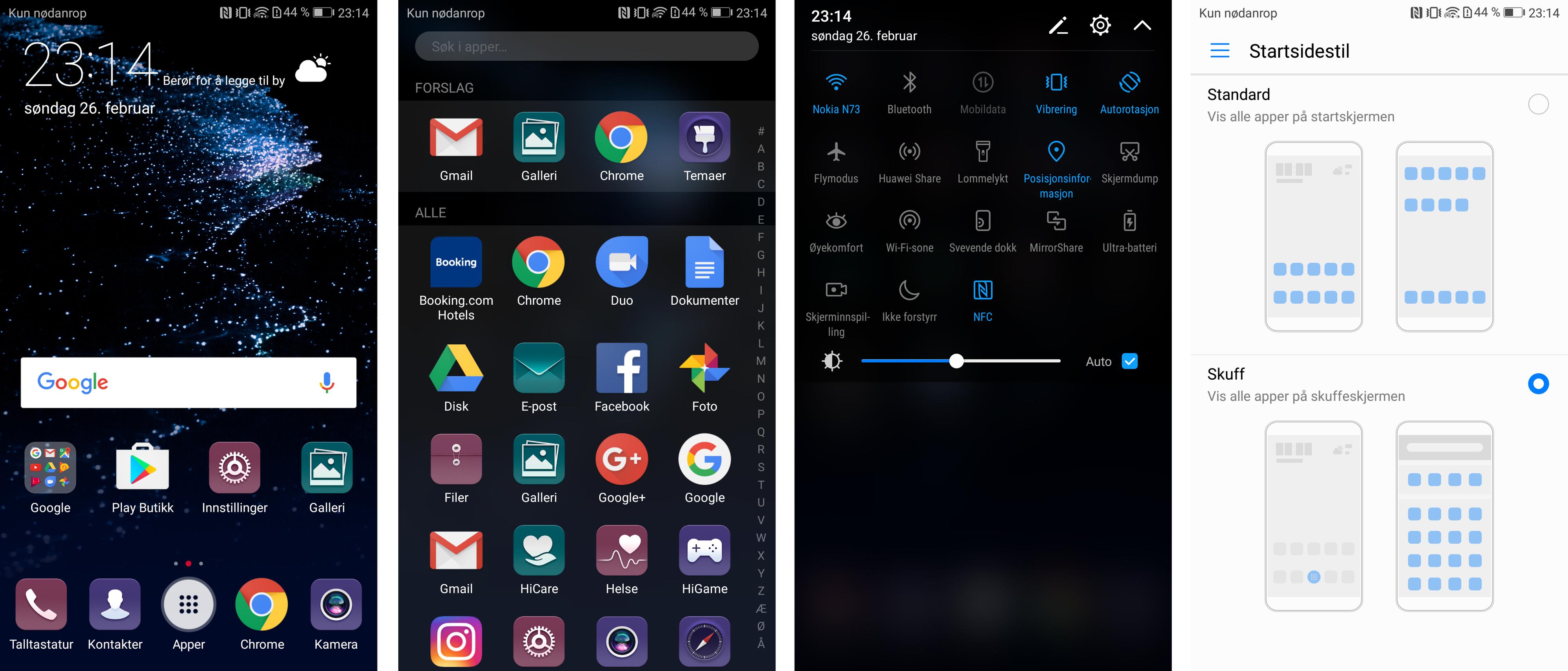 EMUI i kombinasjon med Android 7 fungerer godt og gir deg mulighet til å velge om du vil ha alt innholdet på hjemmeskjermene eller om du også vil ha en appskuff.