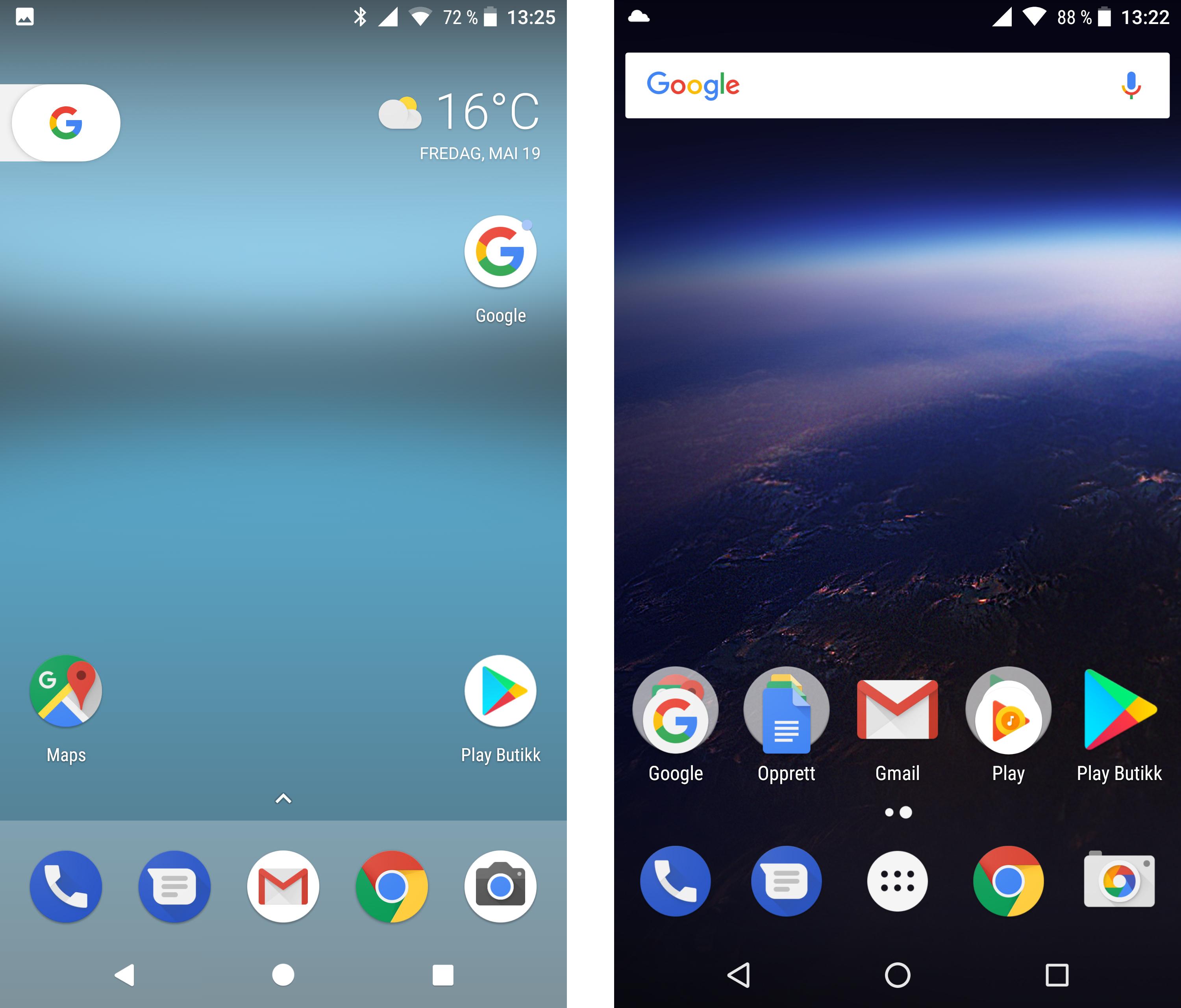 Telefonene beholder designpreget de har, selv om de kjører Android O. Til venstre er hjemmeskjermen fra Google Pixel, mens den til høyre er Google Nexus 6P - begge oppdatert til siste beta-versjon. Bilde: Finn Jarle Kvalheim, Tek.no
