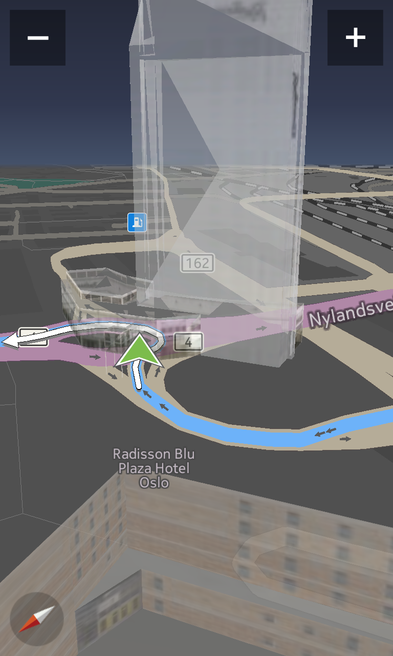 Enkelte steder ligger det 3D-modeller av landemerker i kartet. Her vises en gjennomsiktig utgave av Oslo Plaza.