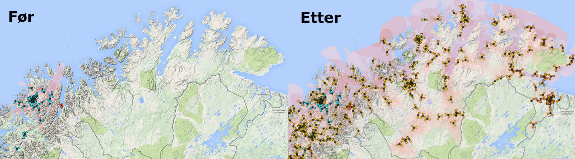 NetComs 4G-dekning i Finnmark før og etter utbyggingen som skal være ferdig i løpet av 2015. Foto: NetCom