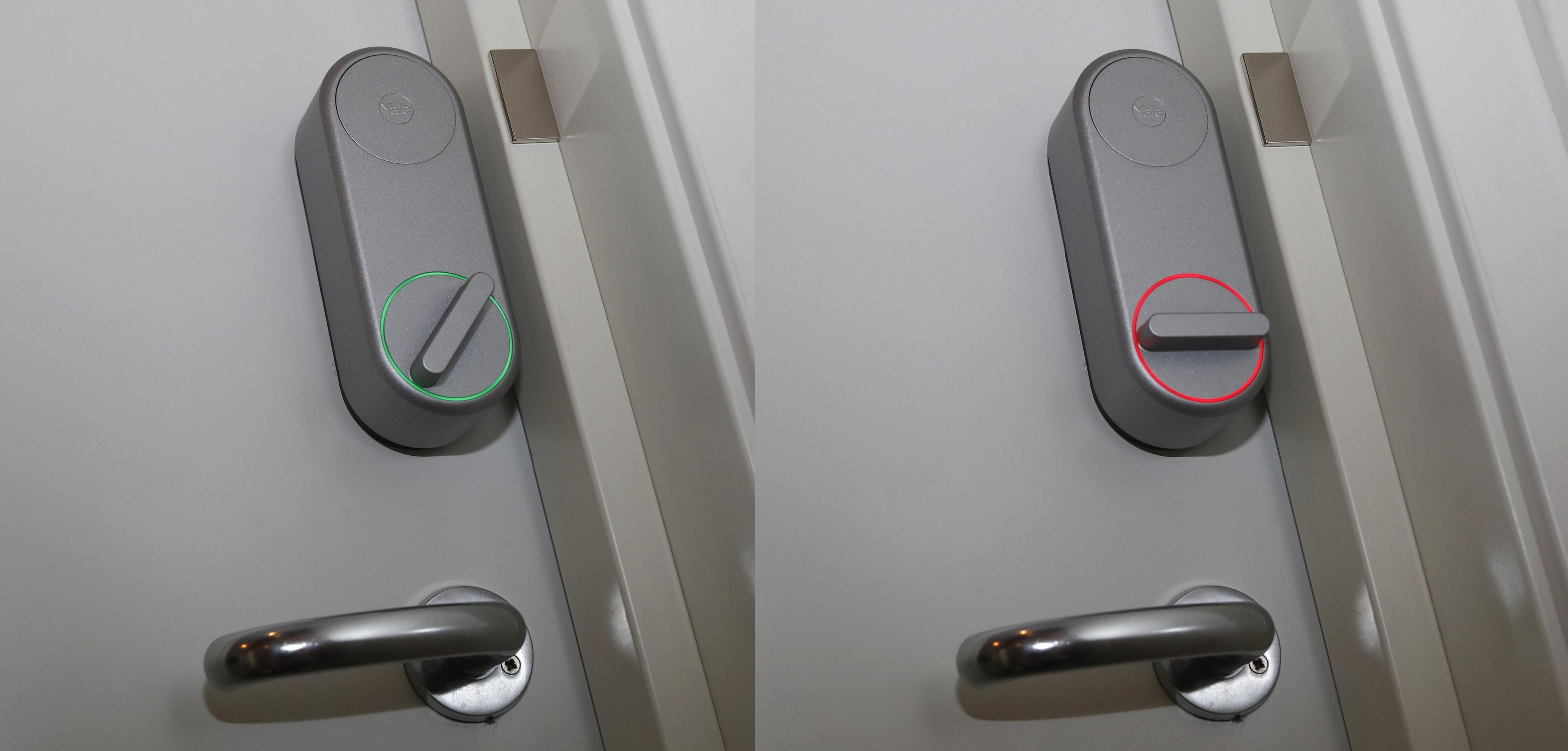 I tillegg til plingelyder når den låser eller låser opp – som kan slås av – bruker Linus farger for å bekrefte knappvriderens posisjon. Men dette lyser kun opp i kort tid for å spare batterier. Merk for øvrig den lille metallplaten på dørkarmen, det er «dørsensor»-magneten.