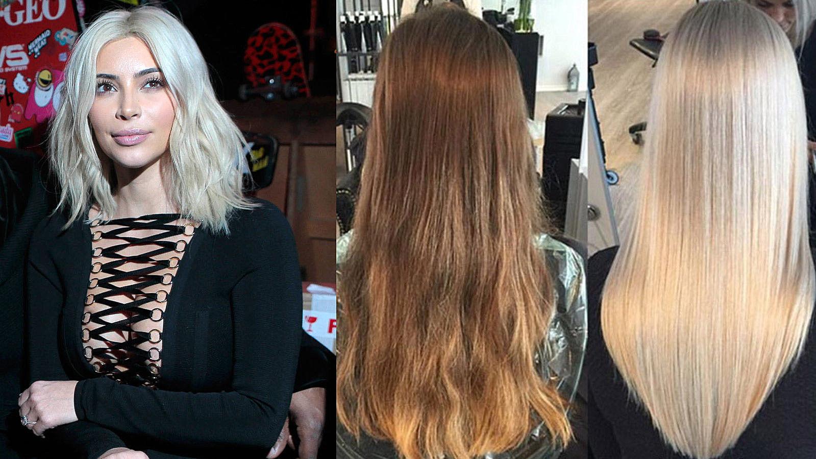 HÅRMAGI: Kim Kardashian er blant stjernen som sverger til hårproduktet Olaplex. Hun gir middelet æren for at hun kan gjøre drastiske fargevalg uten å ødelegge håret. (Bildet til høyre viser før og etter bruk av Olaplex i bleking.)
