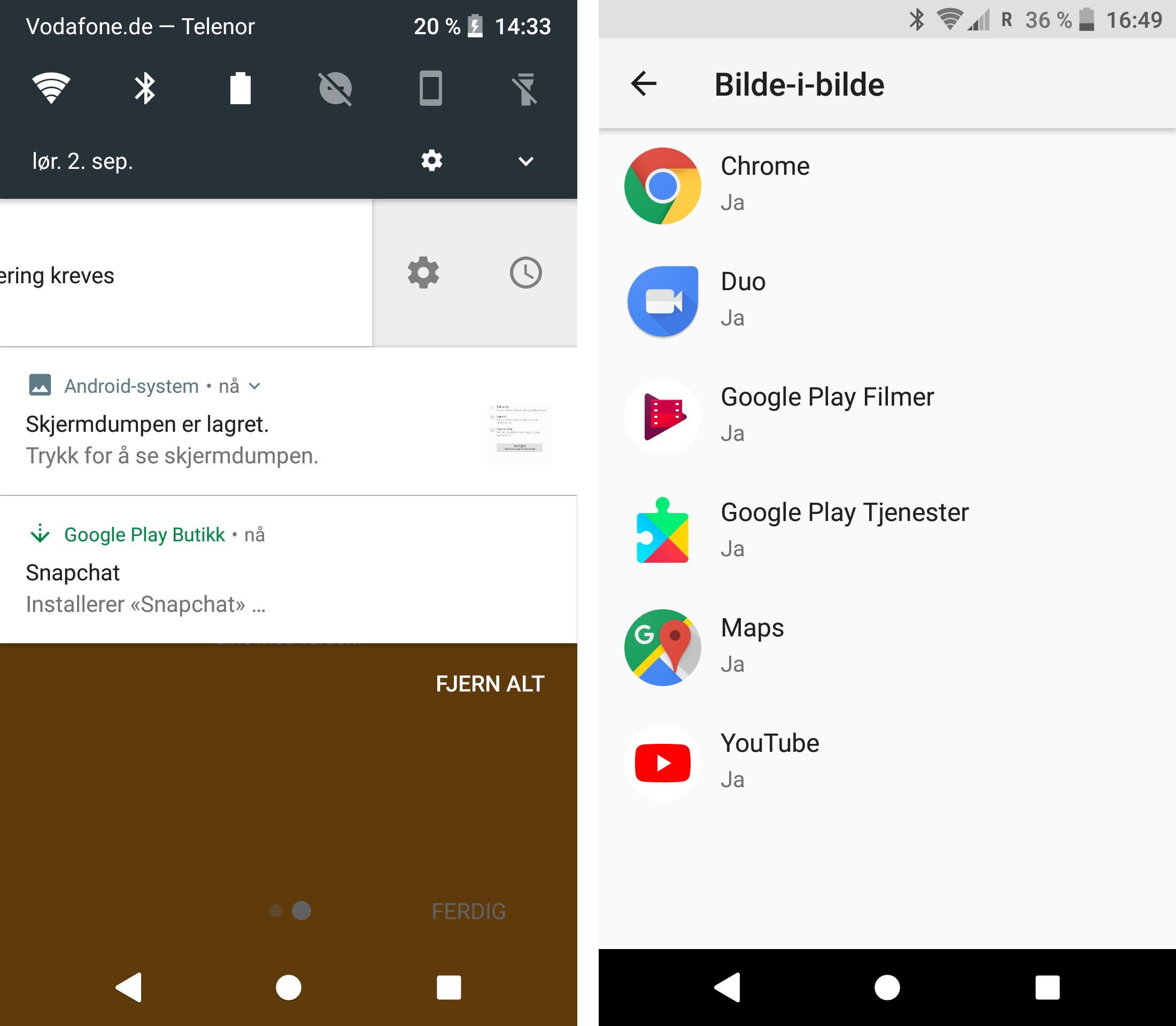 Android 8 gjør at du blant annet kan slumre varslinger du får, og du kan også få ha apper aktive på skjermen etter at du har gått ut av dem, som bilde-i-bilde. Foreløpig fungerer det ikke for Youtube, selv om det ligger i listen. Navigasjon via Google Maps virker imidlertid upåklagelig.