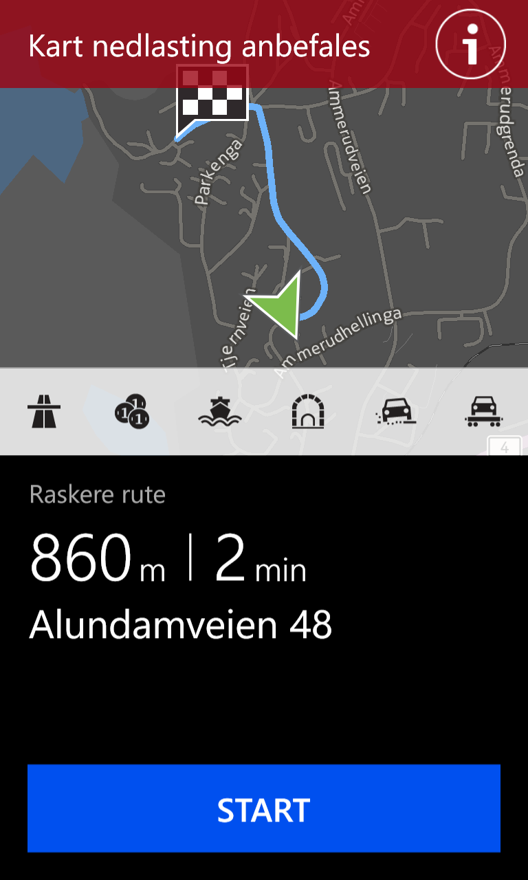 Selv om Nokia Drive er en svært god app er det ikke alt som går på skinner her heller. Her får vi beskjed om å laste ned nye kart bare få minutter etter at vi lastet ned kartdata for Norge.