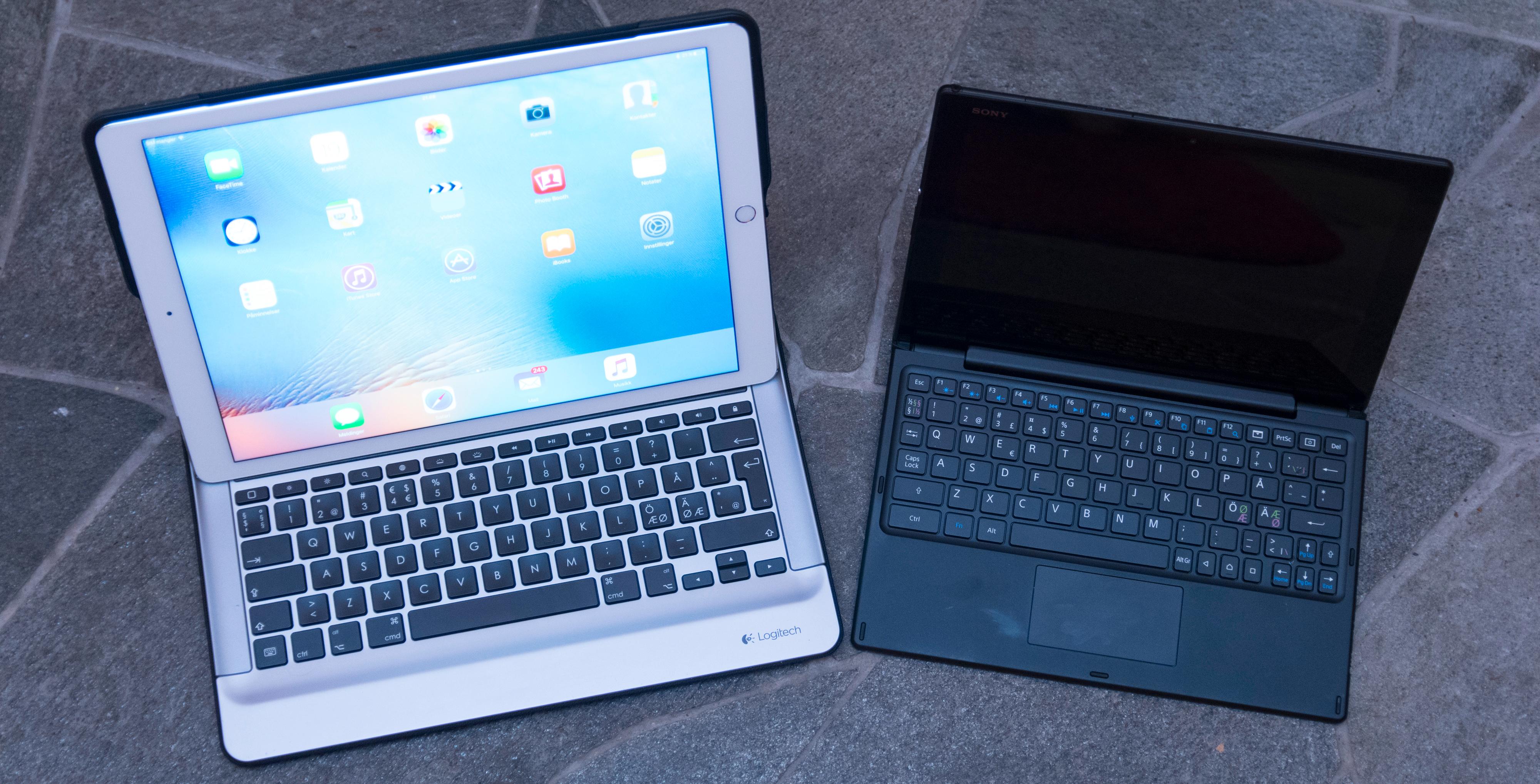iPad Pro i Logitechs Create-deksel. Samlet koster de to fra 10600 kroner. Til høyre Sonys Xperia Tablet Z4. Sonys skrivemaskin koster 6500 kroner. Foto: Finn Jarle Kvalheim, Tek.no