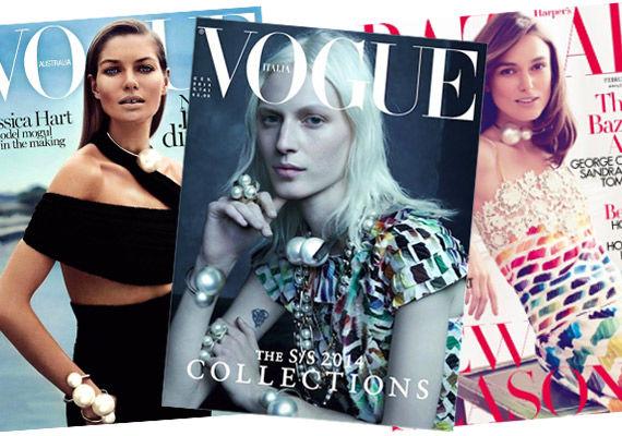 PÅ FORSIDENE: Chanels store perlesmykker fant allerede veien til motemagasiner som australske og italienske Vogue og Harpers Bazaar i slutten av 2013. Foto: Faksimile